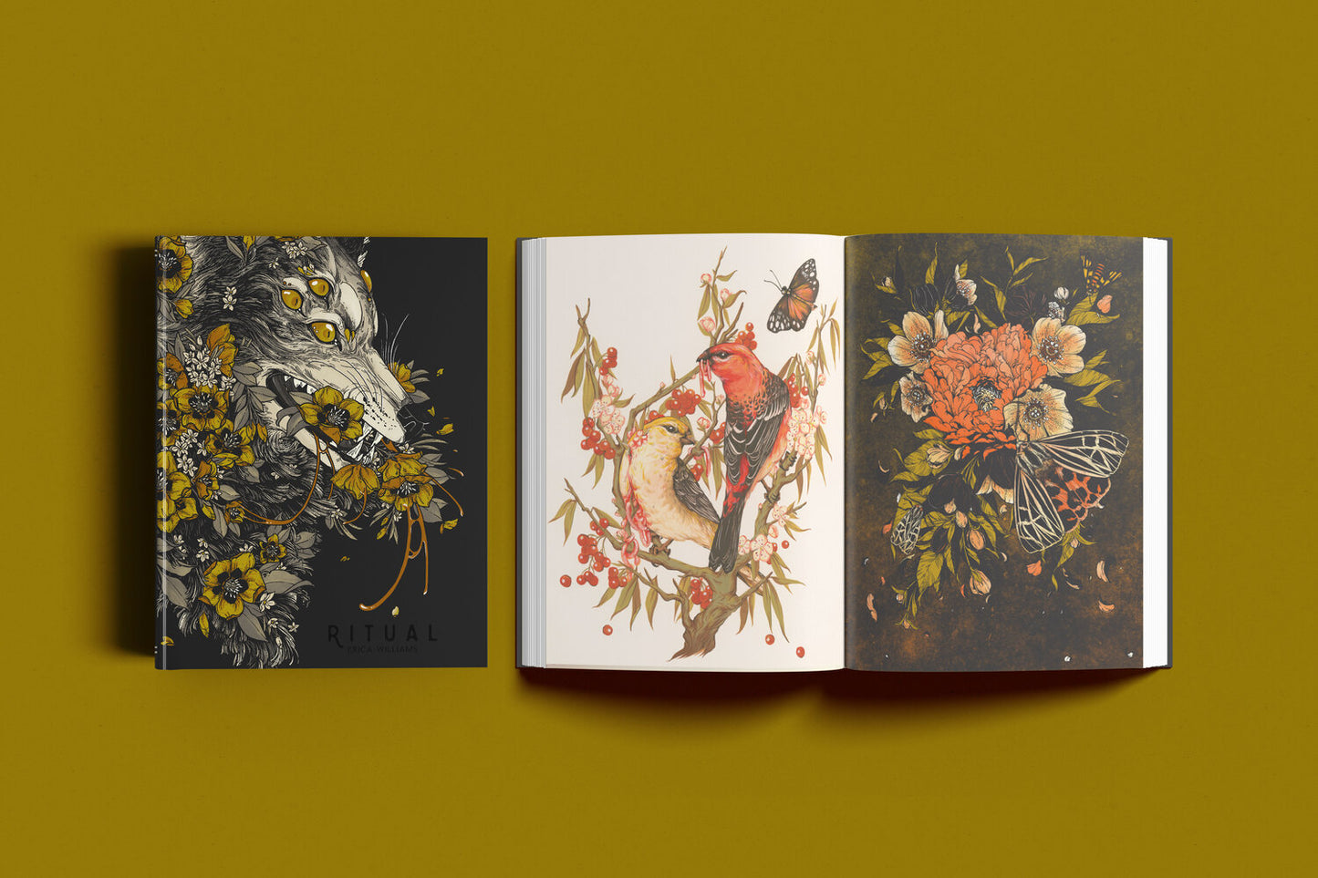 A photo of two copies of ritual. One is closed and the other is open showing two illustrations. One is of two birds, the other is of moths.