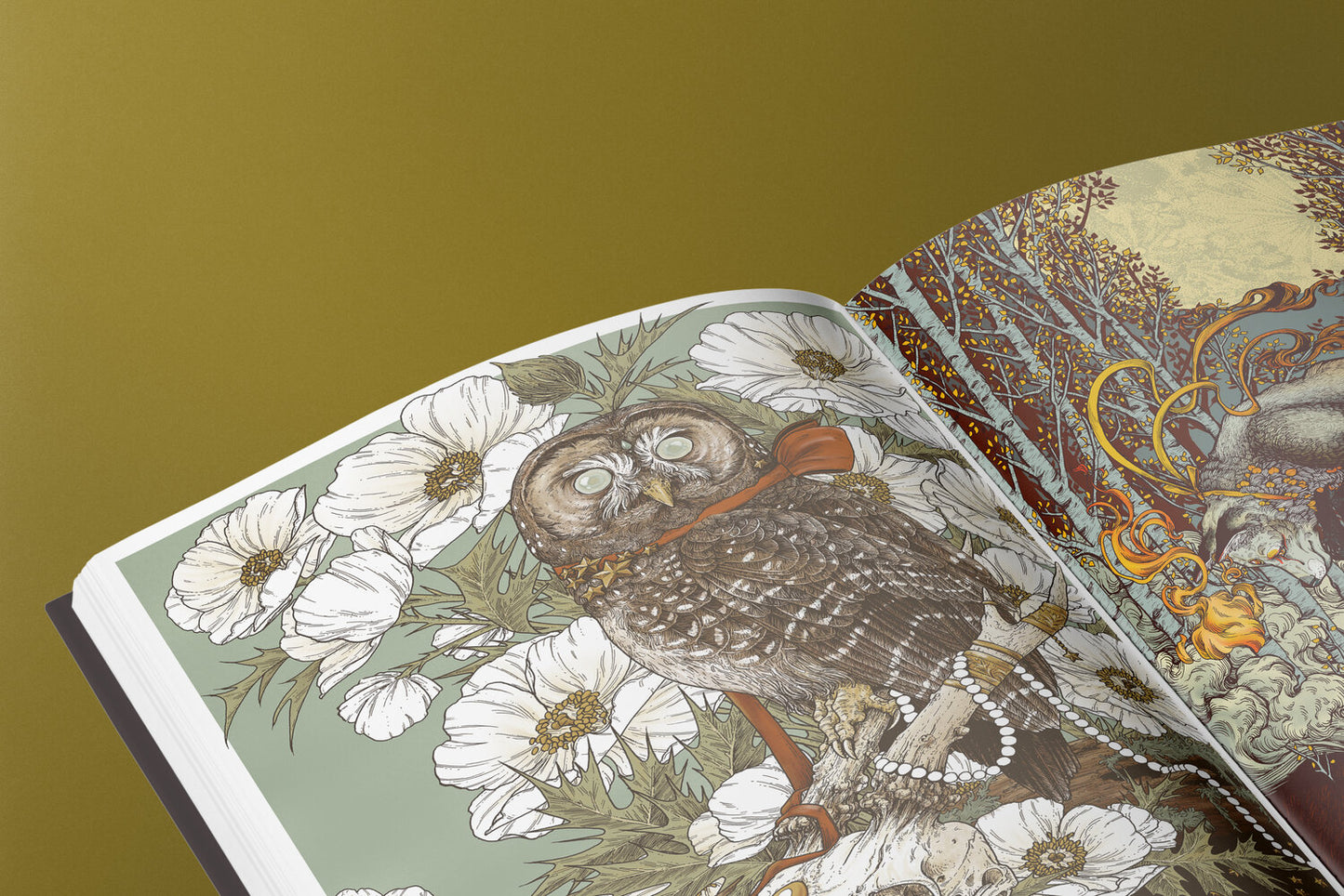 An image of an open book. It obly shows the top half of the left page and a small amount of the upper right page. The left page shows a blind owl on a skull, it has a bow and pearls. there are white poppies behind it.