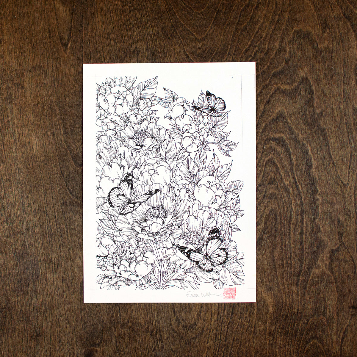 A photo of a small original ink drawing on bristol. The illustration in sitting on a dark wood table. The illustration shows butterflies landing on profusely blooming flowers.
