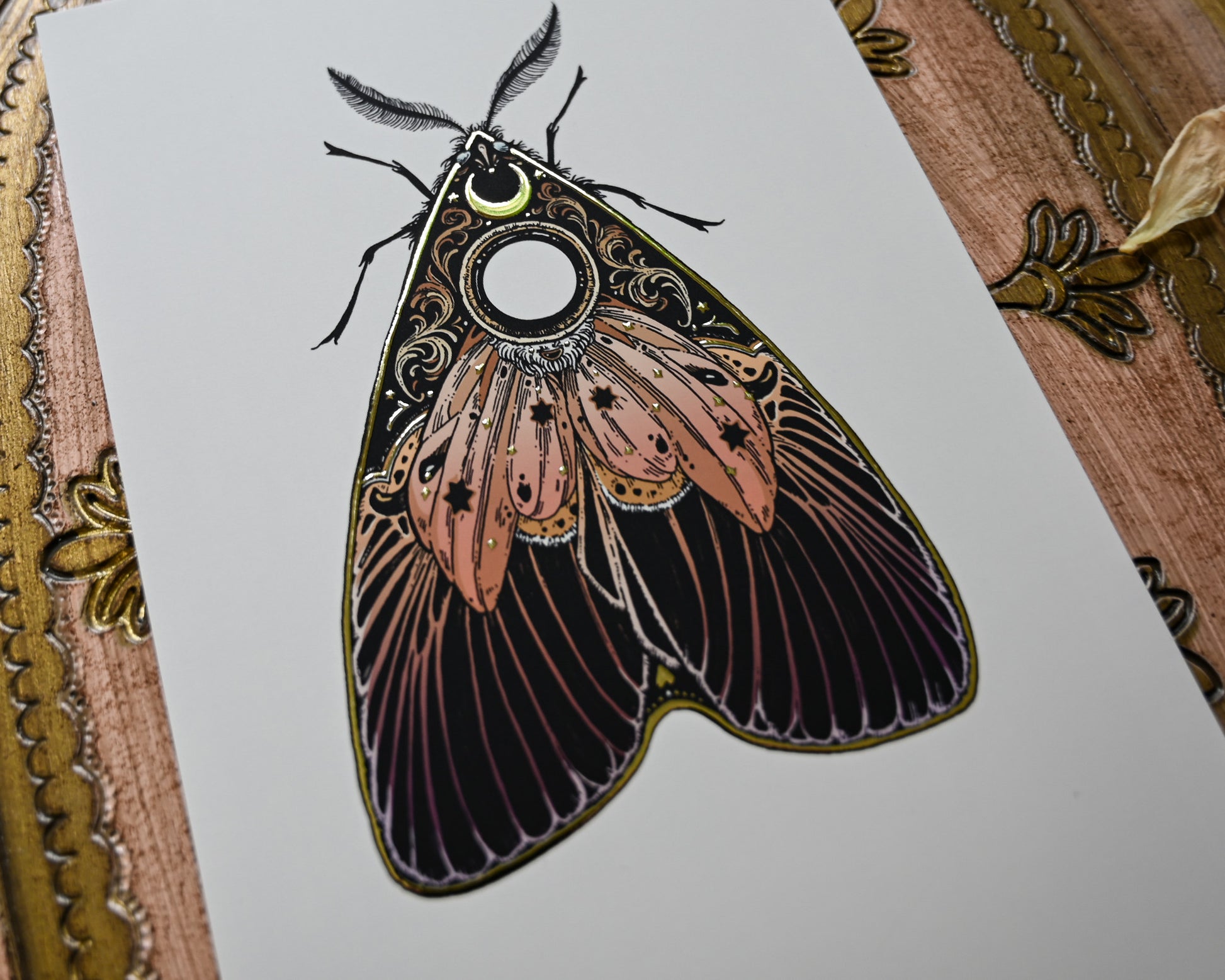 Moth Planchette Gold Mini — gold foil mini print by Erica Williams (HookieDuke) (view 3)