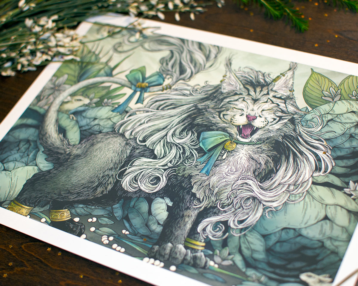 A close up of the print focusing on the details of Araboh's mane. The rest of the print is slightly blurred or cropped off. The print is at an angle. You can see blurred fresh flowers in the background.