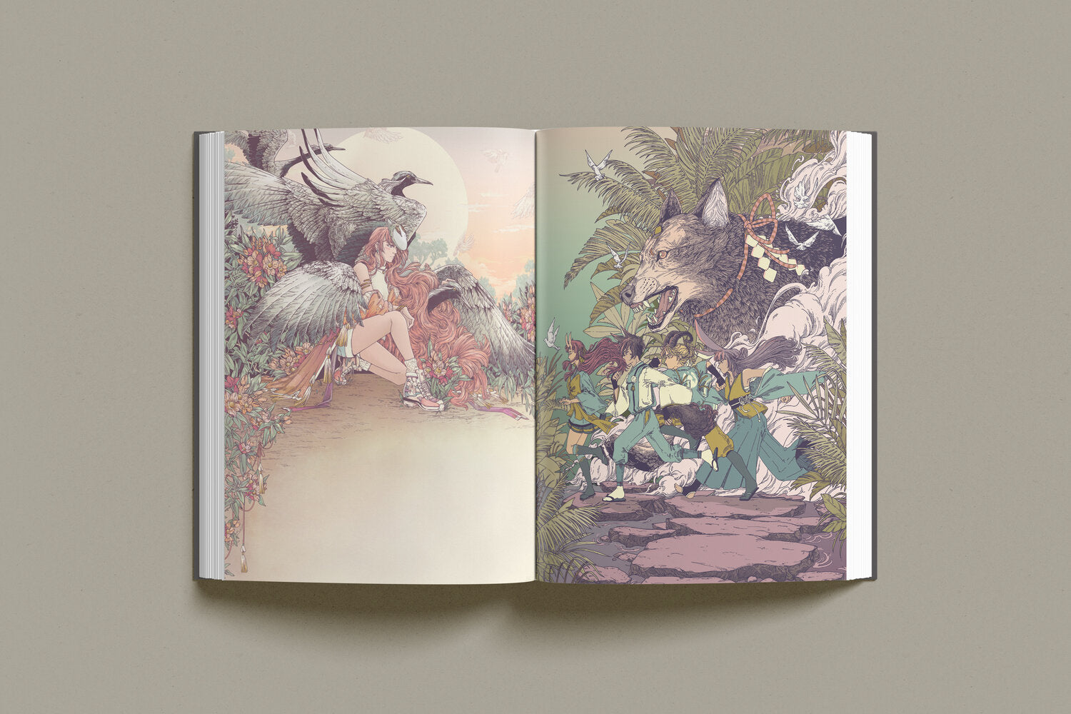 Img of an open book. The left hand side shows an illustration of a masked woman kneeling there are cranes flying and flowers. The right hand side is of teens running from a giant wolf in a tropical enviroment.