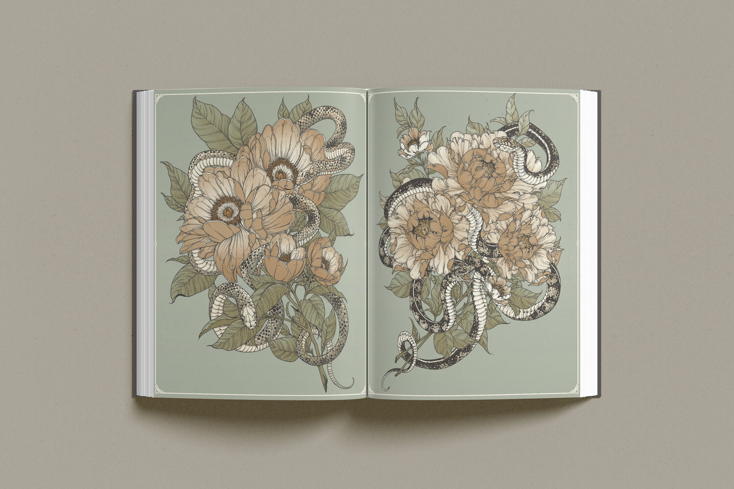 An image of an open book. Both pages show snakes and flowers.